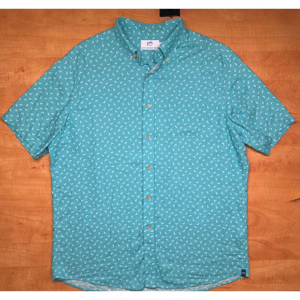 Southern Tide Mens Large Teal Blue Linen Blend Short Sleeve Button Down Shirt